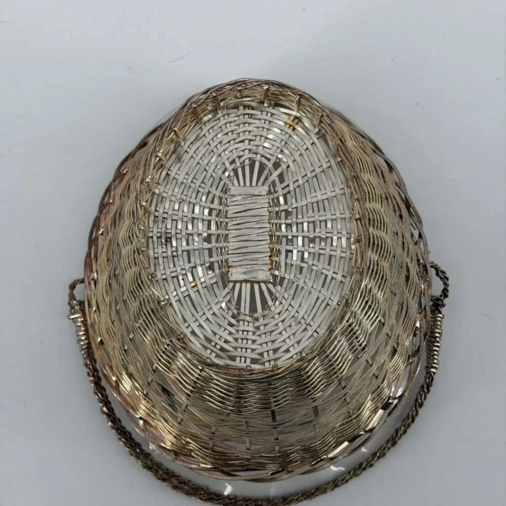 Vintage Silver Tone Woven Wire Oval Basket with Swing Handle and Liner